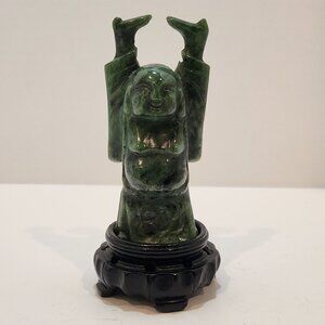 Vintage Carved Jade "Happy/Laughing" Maitreya Buddha Statue W/Wooden Stand